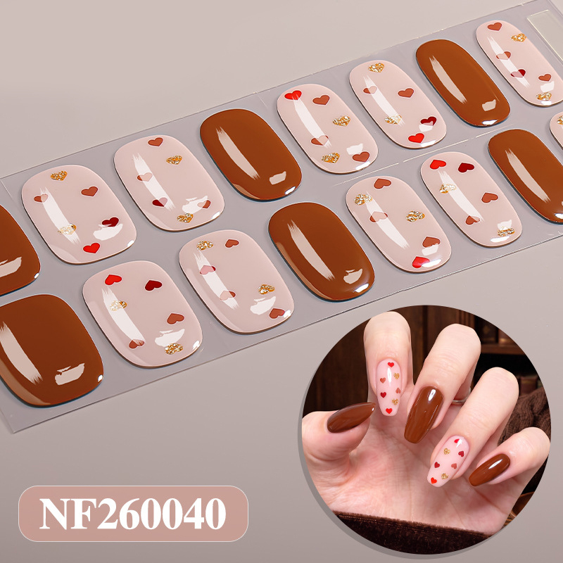 Semi‑Cured UV Gel Nail Strips 16Pcs Brown Heart Coquette Sweet Nail Wraps bulk wholesale